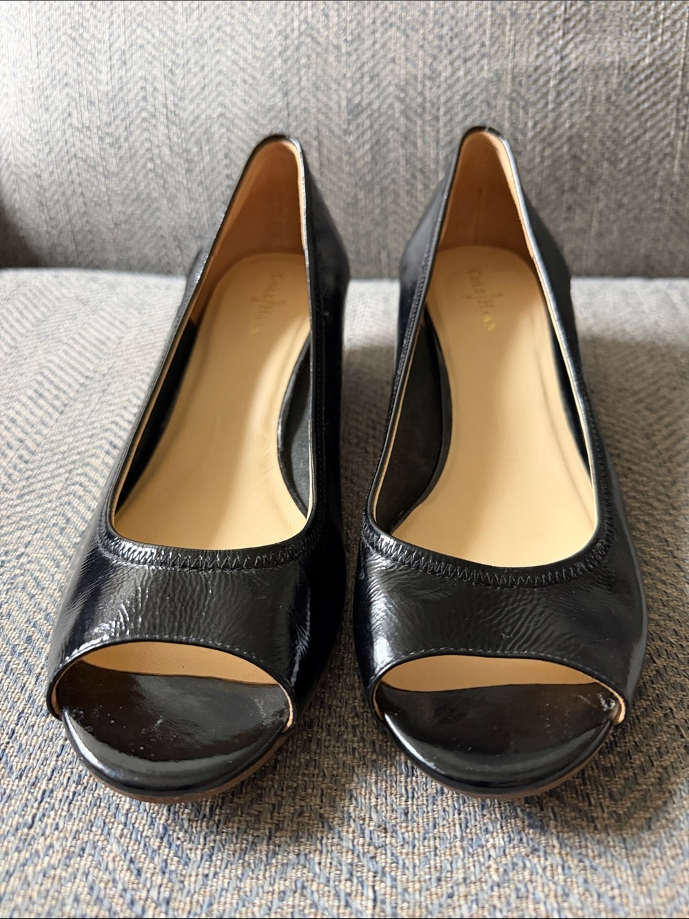 Cole Haan Black Patent Leather Wedge Peep Toe Heels Size: 9 B